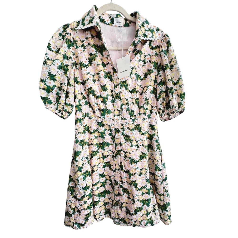 nwt‎ Aureum 100% Cotton Daisy Floral Eyelet Mini Dress Size Small Ric-Rac Collar